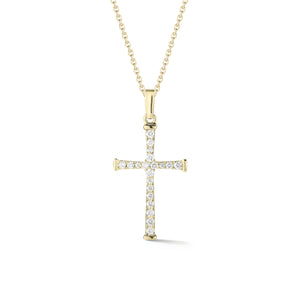 Diamond Skinny Cross Pendant Necklace  -14K gold weighing 2.85 grams  -20 round shared prong-set brilliant diamonds totaling 0.20 carats