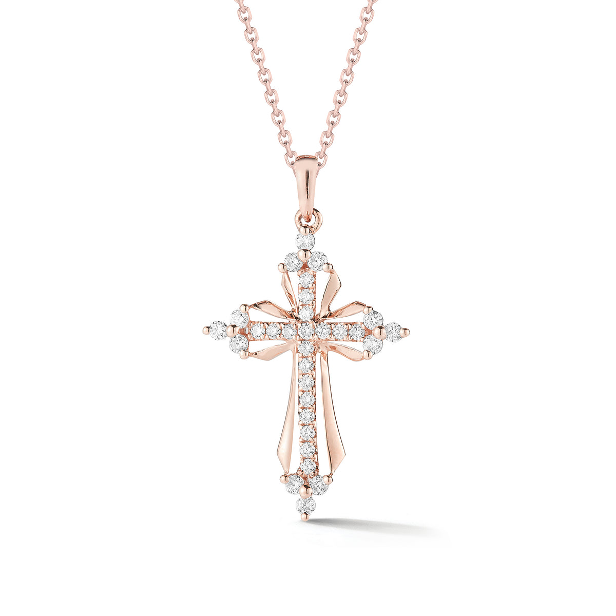 Diamond Elegant Cross Pendant Necklace  -14K gold weighing 3.25 grams  -30 round shared prong-set diamonds totaling 0.26 carats.