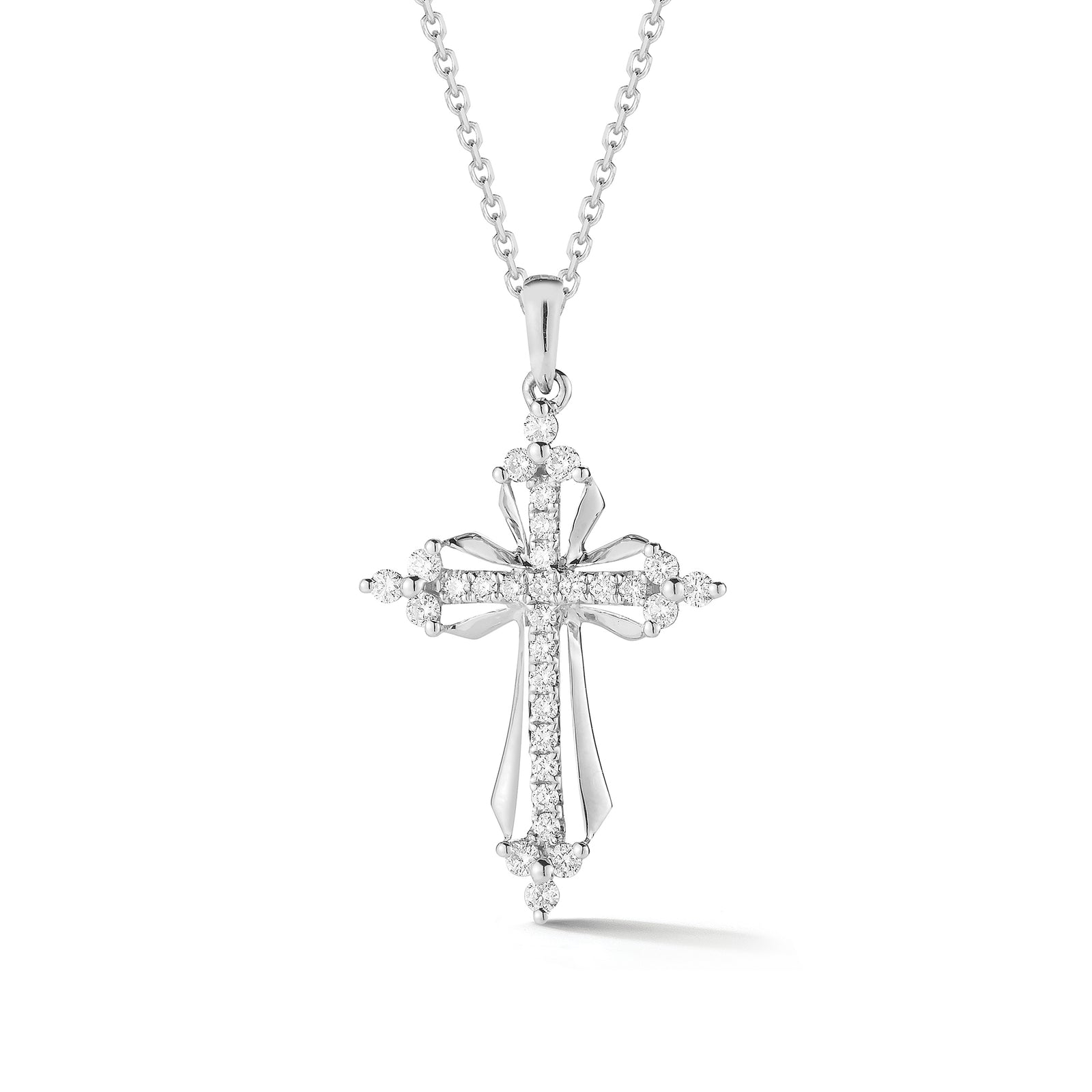 Diamond Elegant Cross Pendant Necklace  -14K gold weighing 3.25 grams  -30 round shared prong-set diamonds totaling 0.26 carats.