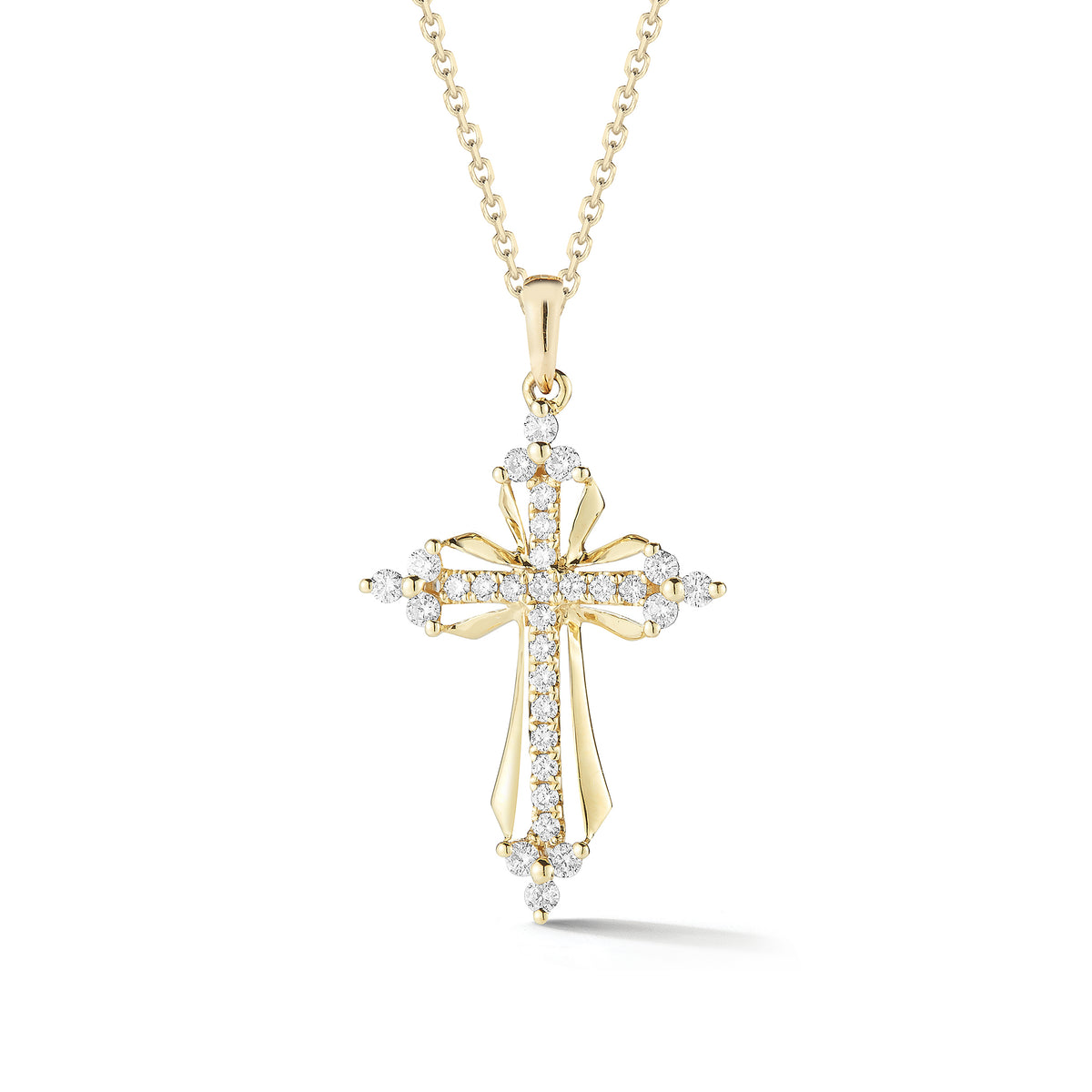 Diamond Elegant Cross Pendant Necklace  -14K gold weighing 3.25 grams  -30 round shared prong-set diamonds totaling 0.26 carats.