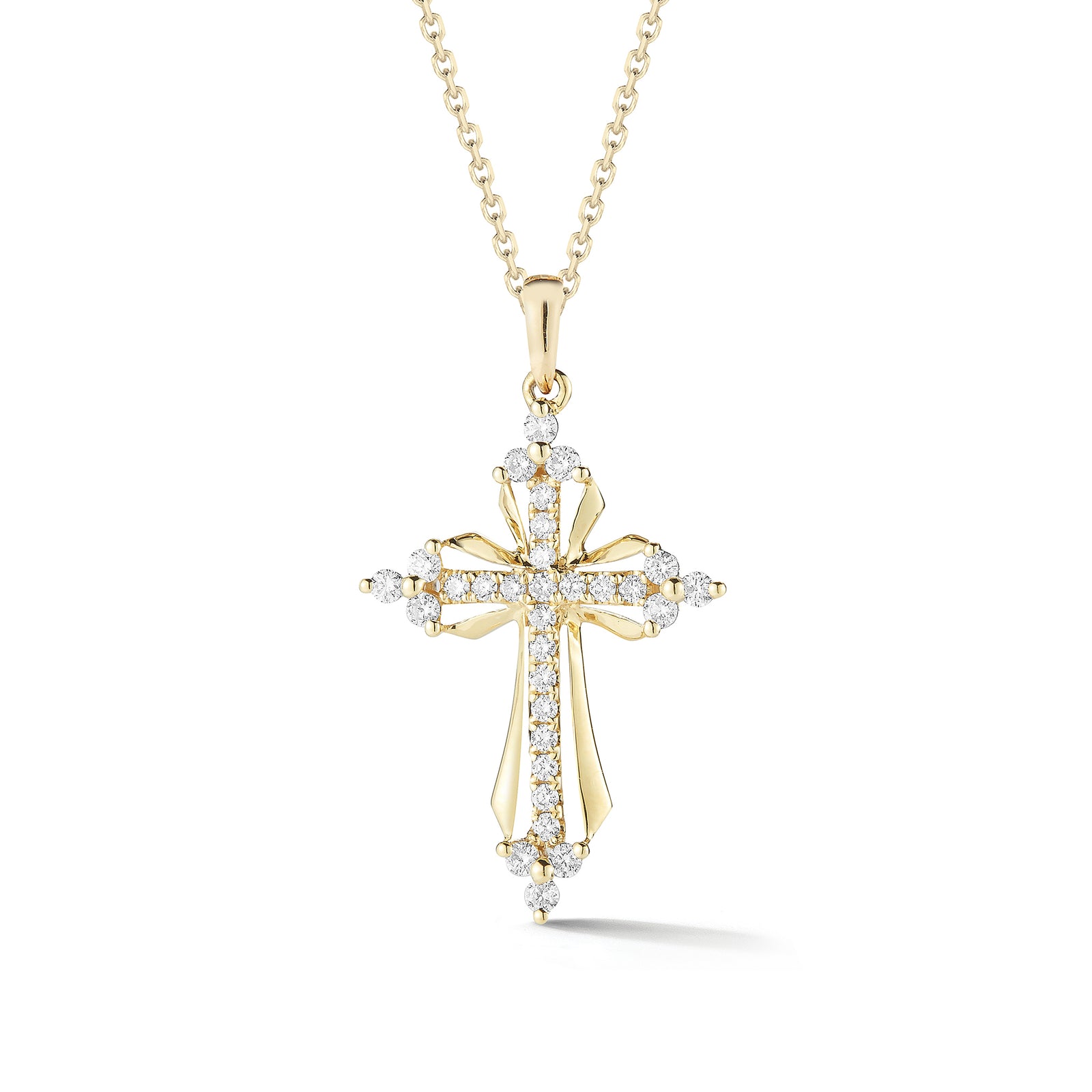 Diamond Elegant Cross Pendant Necklace  -14K gold weighing 3.25 grams  -30 round shared prong-set diamonds totaling 0.26 carats.