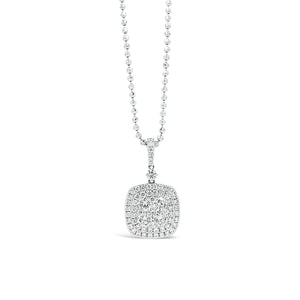 Diamond Square-Shaped Cluster Pendant Necklace  - Pendent: 18k gold weighing 3.74 grams  - Chain: 14k gold weighing 5.1 grams  - 64 round diamonds totaling 2.51 carats 