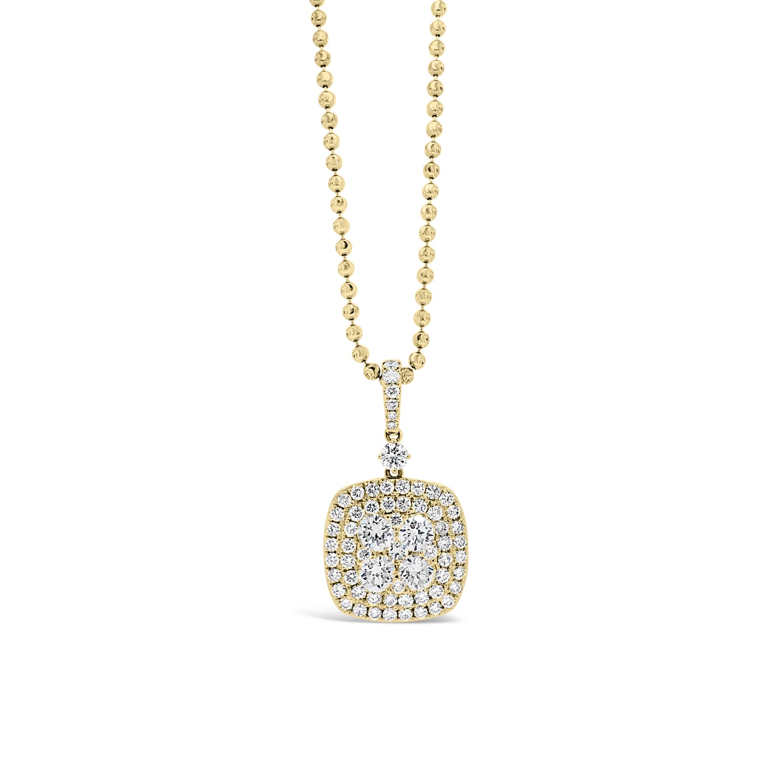 Diamond Square-Shaped Cluster Pendant Necklace  - Pendent: 18k gold weighing 3.74 grams  - Chain: 14k gold weighing 5.1 grams  - 64 round diamonds totaling 2.51 carats 