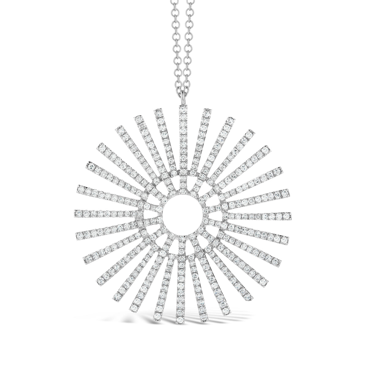 Diamond Full Sunburst Pendant Necklace  -14K gold weighing 5.01 grams  -322 round pave- set diamonds totaling 0.87 carats.