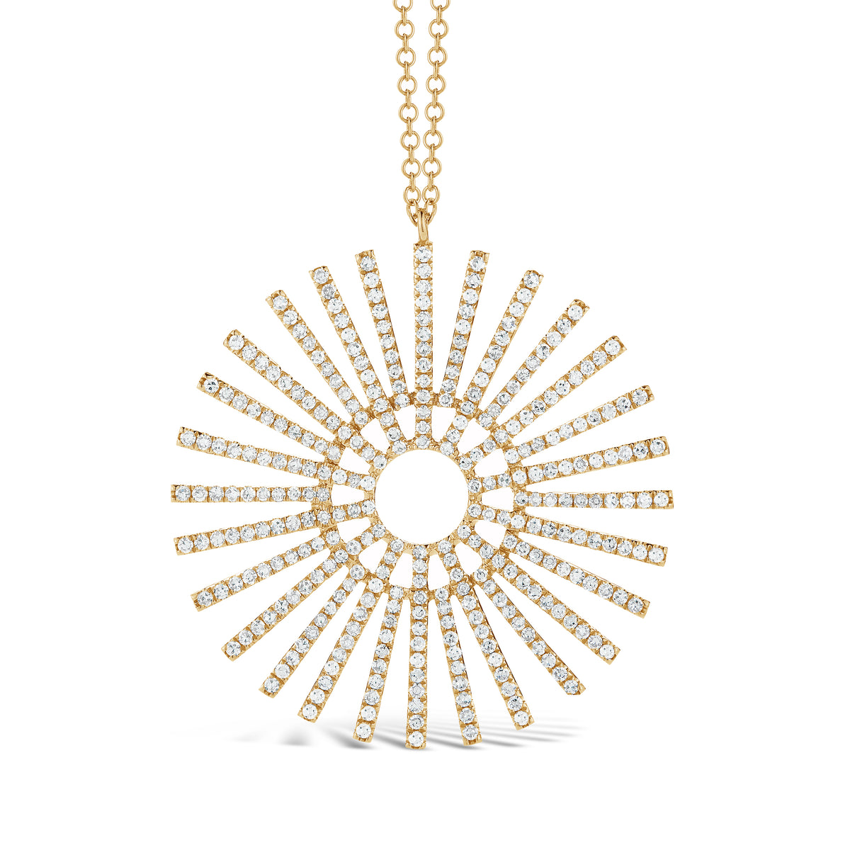 Diamond Full Sunburst Pendant Necklace  -14K gold weighing 5.01 grams  -322 round pave- set diamonds totaling 0.87 carats.