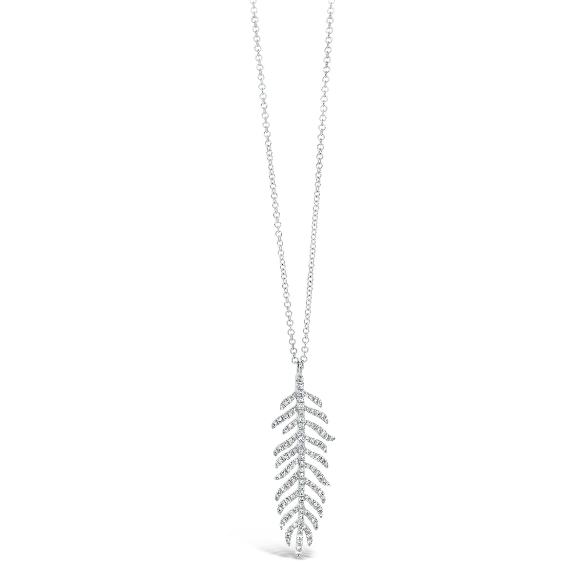 Diamond Feather Pendant Necklace  - 14K gold weighing 2.25 grams.  - 126 round diamonds totaling 0.30 carats.
