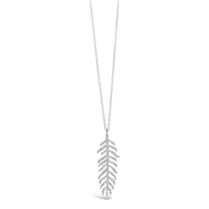 Diamond Feather Pendant Necklace  - 14K gold weighing 2.25 grams.  - 126 round diamonds totaling 0.30 carats.