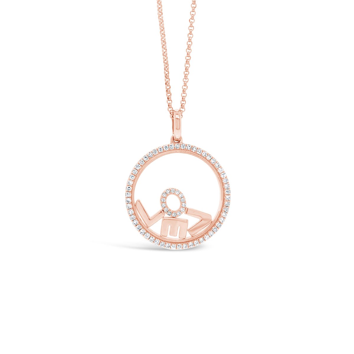 Diamond "Love" Pendant Necklace -14K rose gold weighing 5.23 grams -68 round diamonds totaling 0.25 carats