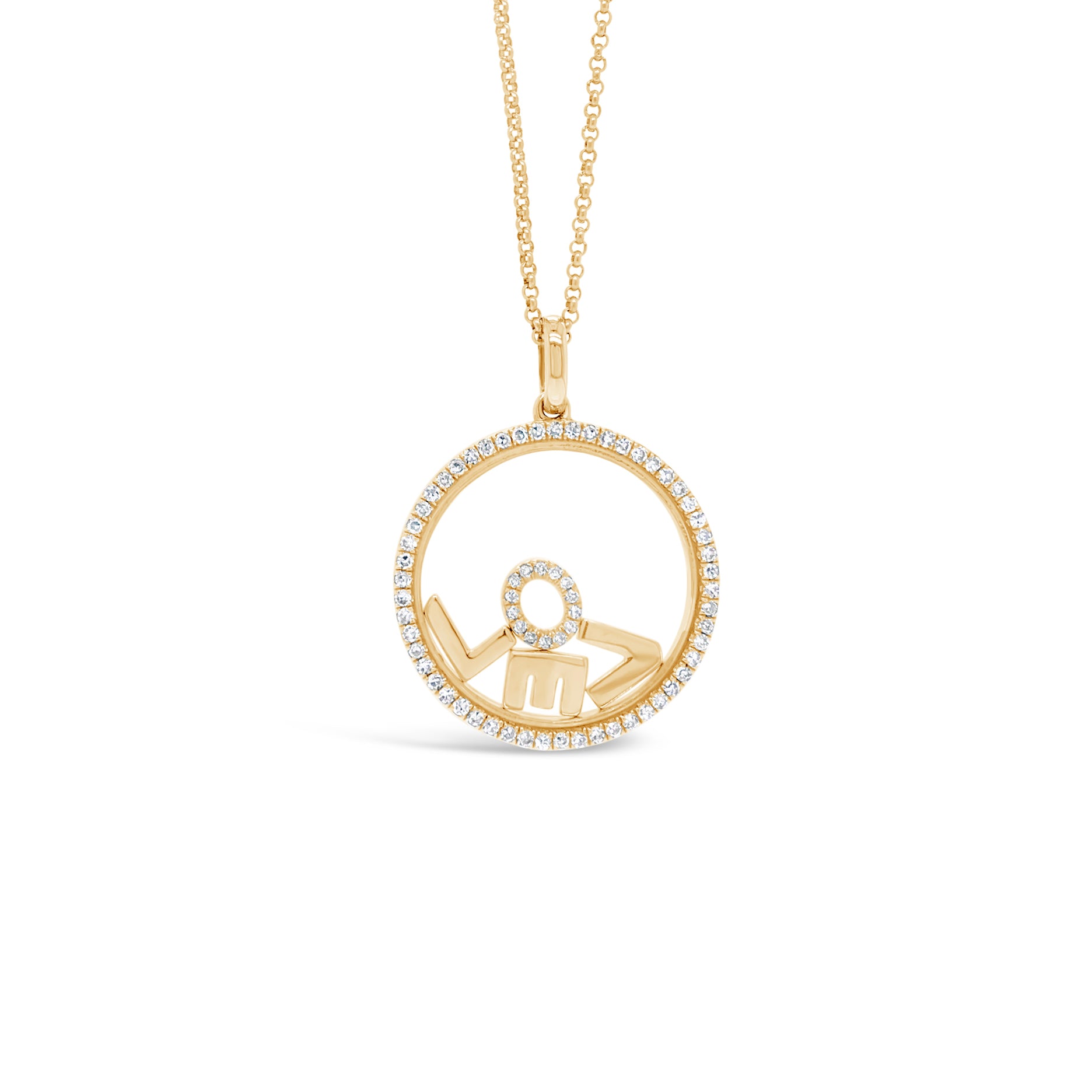 Diamond "Love" Pendant Necklace -14K yellow gold weighing 5.23 grams -68 round diamonds totaling 0.25 carats