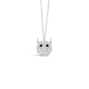 Solid 14k white gold weighing 2.51 grams with 96 round diamonds weighing .21 carats and 2 black round diamonds weighing .03 carats Devil Smiley Face Pendant Necklace | Nuha Jewelers