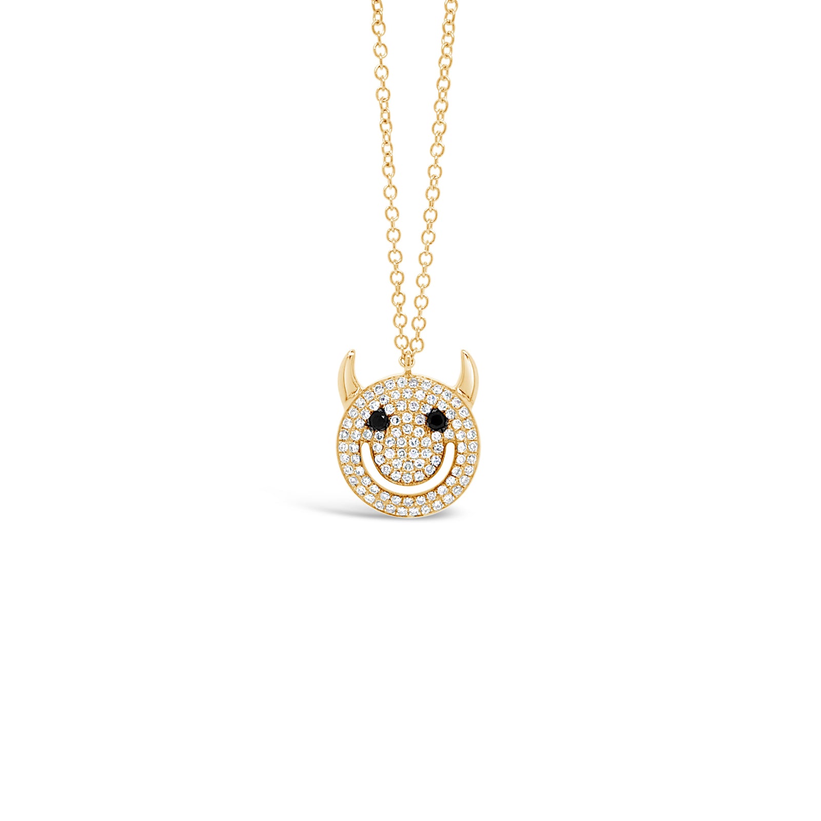 Solid 14k yellow gold weighing 2.51 grams with 96 round diamonds weighing .21 carats and 2 black round diamonds weighing .03 carats Devil Smiley Face Pendant Necklace | Nuha Jewelers
