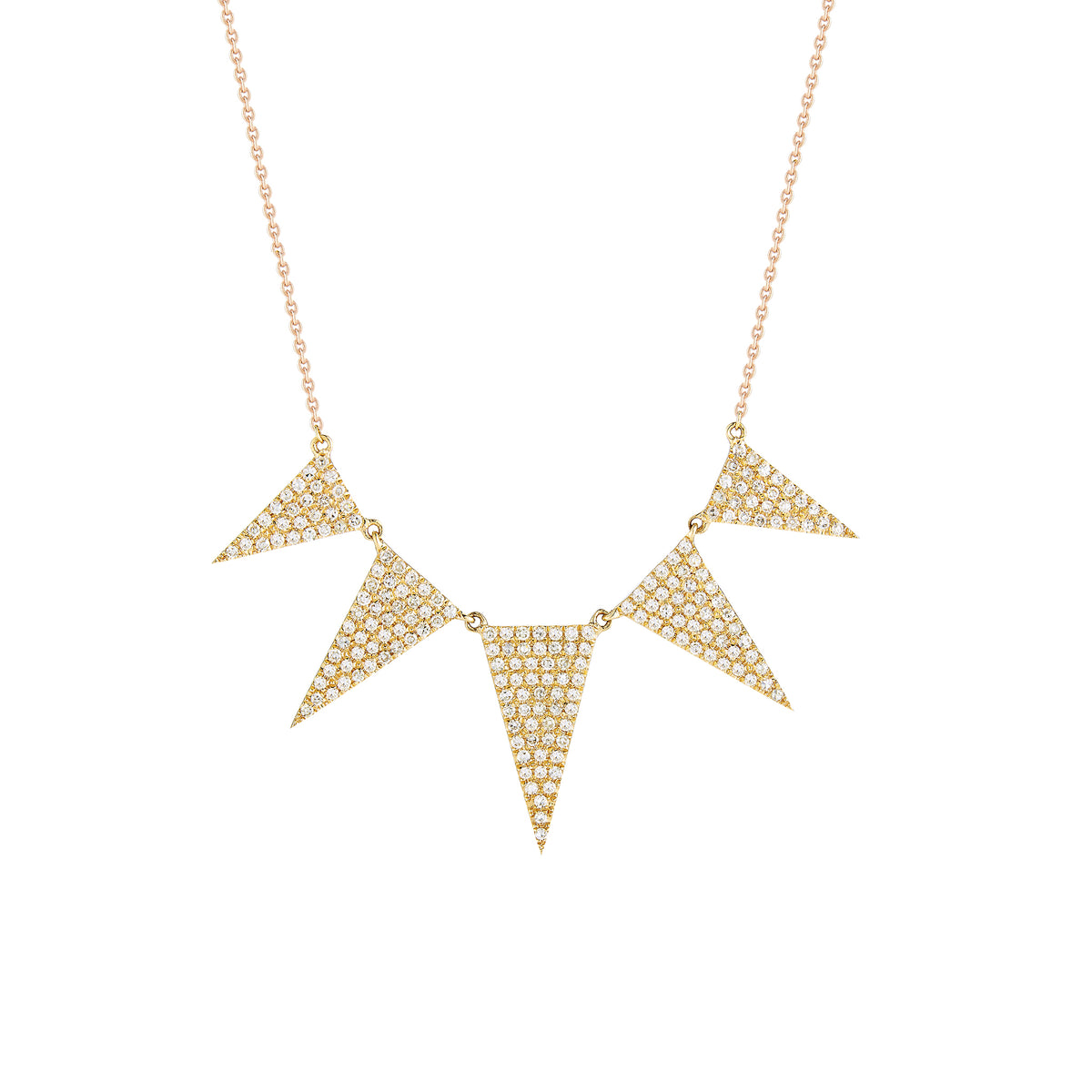 Diamond Graduated Triangle Necklace  -14K gold weighing 3.07 grams  -193 round pave-set diamonds totaling 0.57 carats.