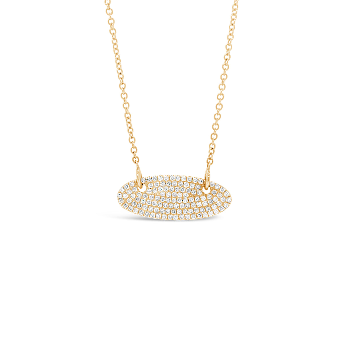 Pave Diamond Vertical Oval Pendant Necklace  -14k gold weighing 2.53 grams  -118 round diamonds weighing .27 carats