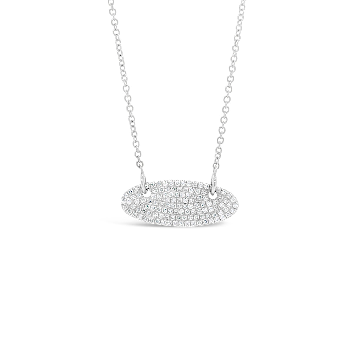 Pave Diamond Vertical Oval Pendant Necklace  -14k gold weighing 2.53 grams  -118 round diamonds weighing .27 carats