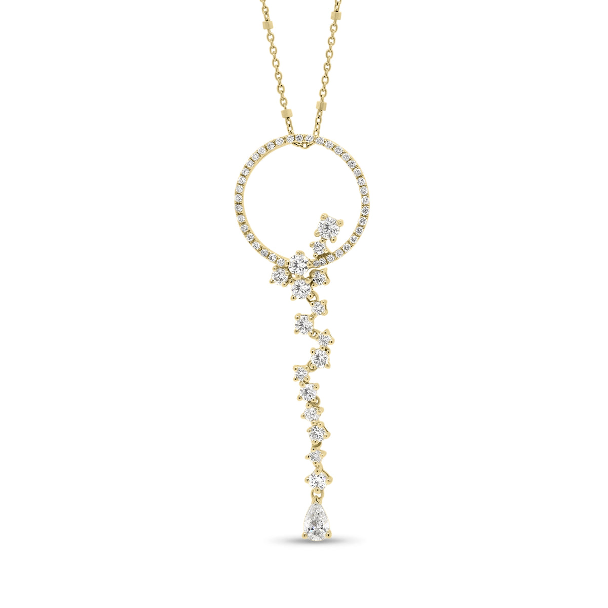 Diamond Open Circle Pendant with Diamond Drip  - 18K gold weighing 2.46 grams  - 14K gold weighing 1.7 grams  - 53 round diamonds totaling 0.82 carats  - 0.19 ct pear-shaped diamond