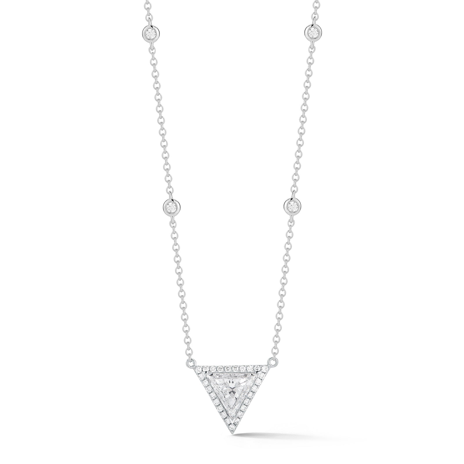 Trilliant-Cut Diamond Pendant Necklace     -18K gold weighing 3.66 grams  -1.03 ct trilliant-cut diamond, GIA-graded E-color, VS2 clarity.  -31 round shared prong-set diamonds totaling 0.26 carats  Size 12 millimeters diameter.