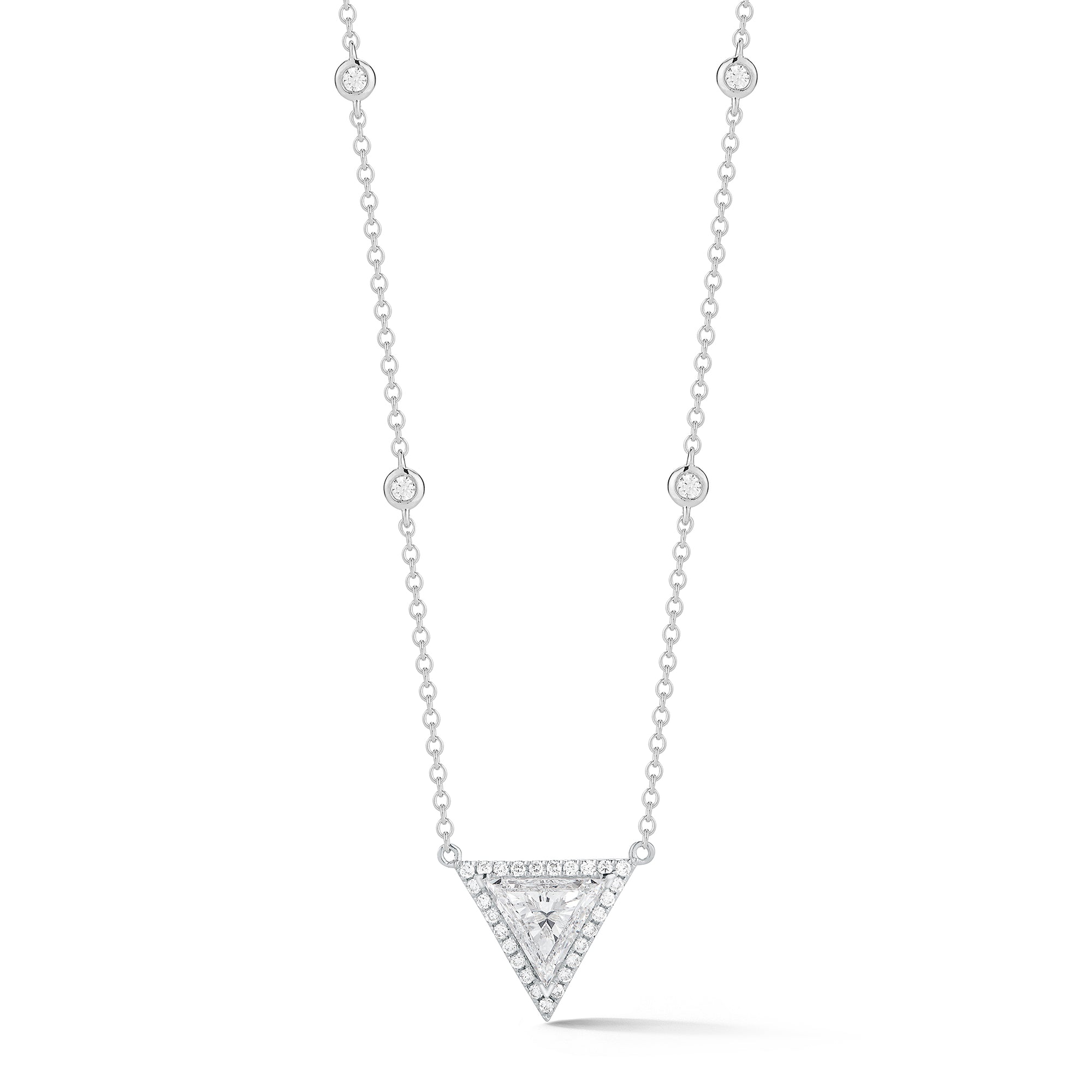 Trilliant-Cut Diamond Pendant Necklace     -18K gold weighing 3.66 grams  -1.03 ct trilliant-cut diamond, GIA-graded E-color, VS2 clarity.  -31 round shared prong-set diamonds totaling 0.26 carats  Size 12 millimeters diameter.