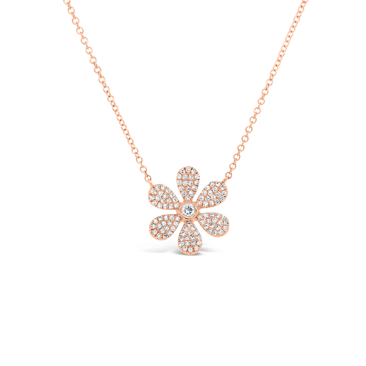 Pave Diamond Daisy Pendant Necklace  -14K gold weighing 2.42 grams  -103 round pave-set diamonds totaling 0.32 carats