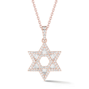 Diamond Star of David Pendant with Diamond Baguettes  -18K gold weighing 1.57 grams  -71 round pave-set diamonds totaling 0.21 carats  -12 pave-set baguettes totaling 0.25 carats