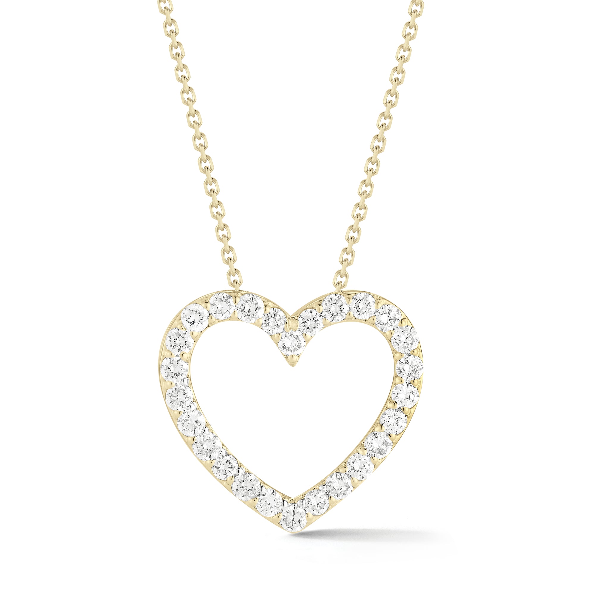 Diamond Heart Cutout Pendant Necklace  -14K gold weighing 3.3 grams  -26 round shared prong-set brilliant diamonds totaling 0.75 carats  -Chain measures 16 inches.