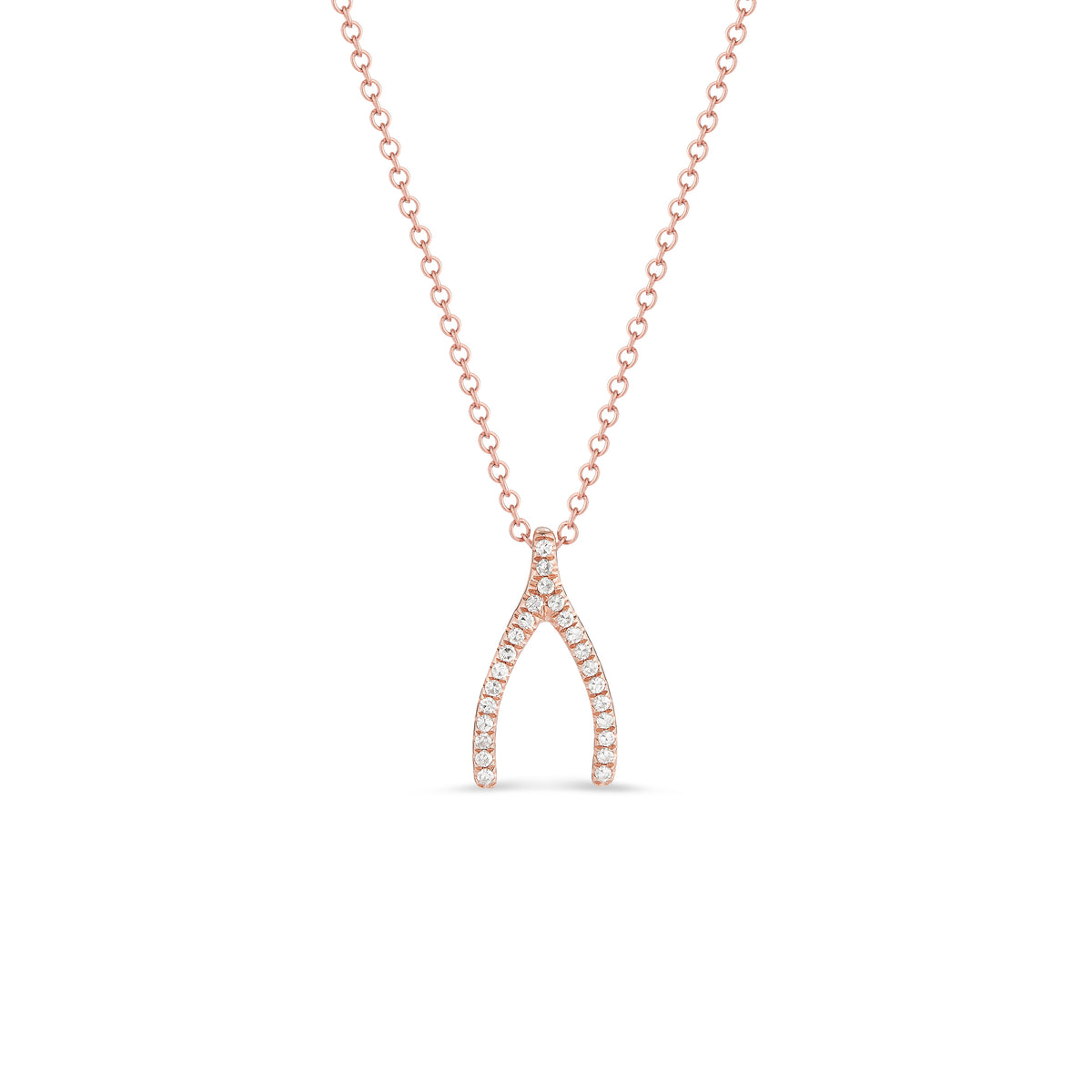 14k gold, 1.69 grams, 25 round pave-set diamonds .08 carats rose gold diamond Wishbone Necklace | Nuha Jewelers