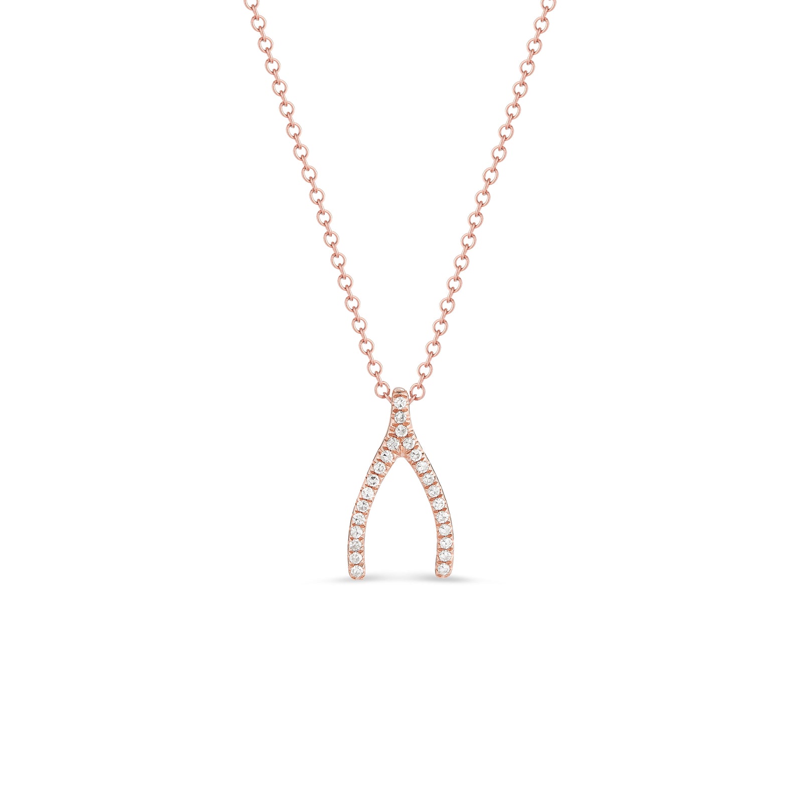 14k gold, 1.69 grams, 25 round pave-set diamonds .08 carats yellow gold diamond Wishbone Necklace | Nuha Jewelers