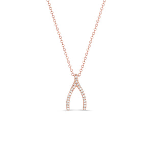 14k gold, 1.69 grams, 25 round pave-set diamonds .08 carats rose gold diamond Wishbone Necklace | Nuha Jewelers