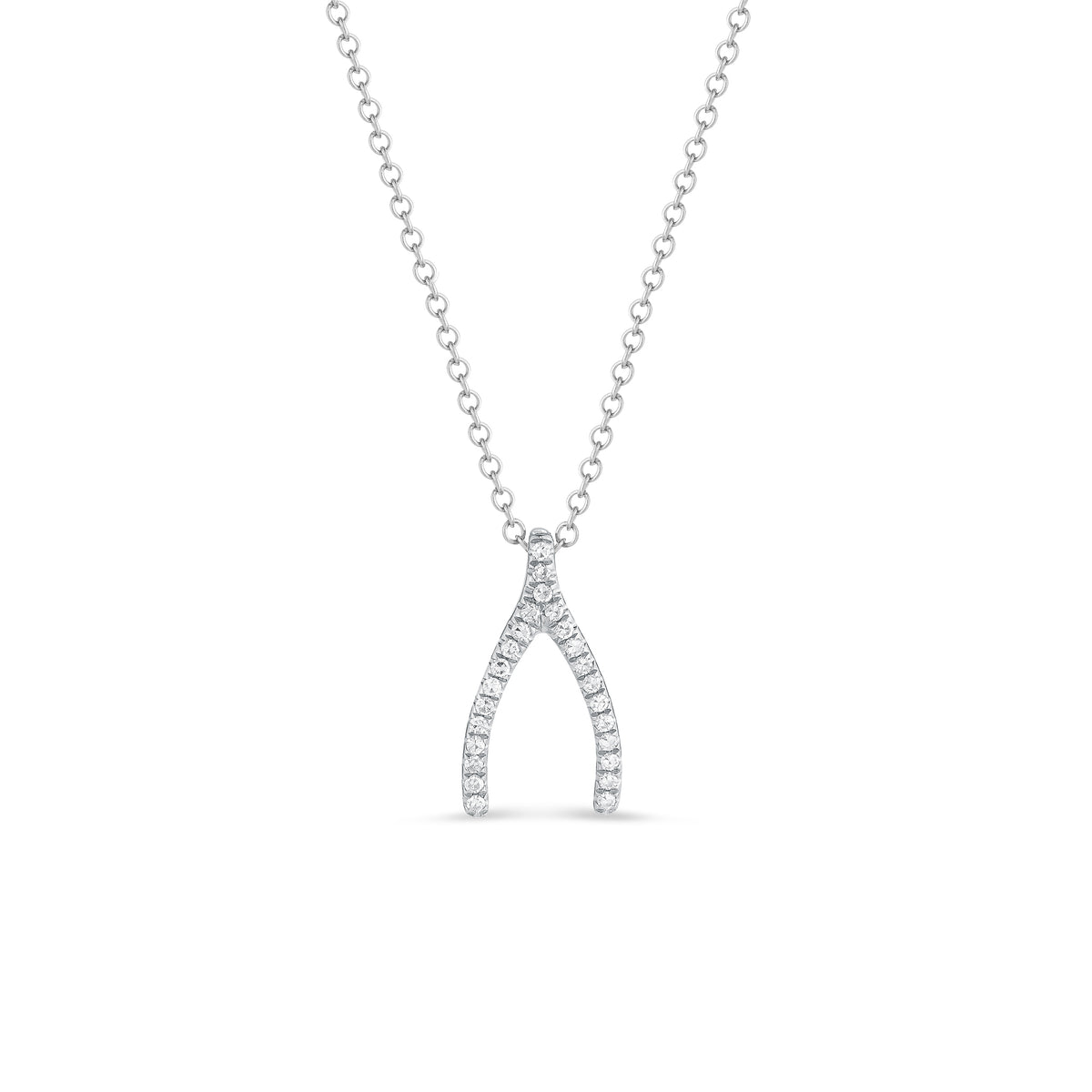 14k gold, 1.69 grams, 25 round pave-set diamonds .08 carats white gold diamond Wishbone Necklace | Nuha Jewelers