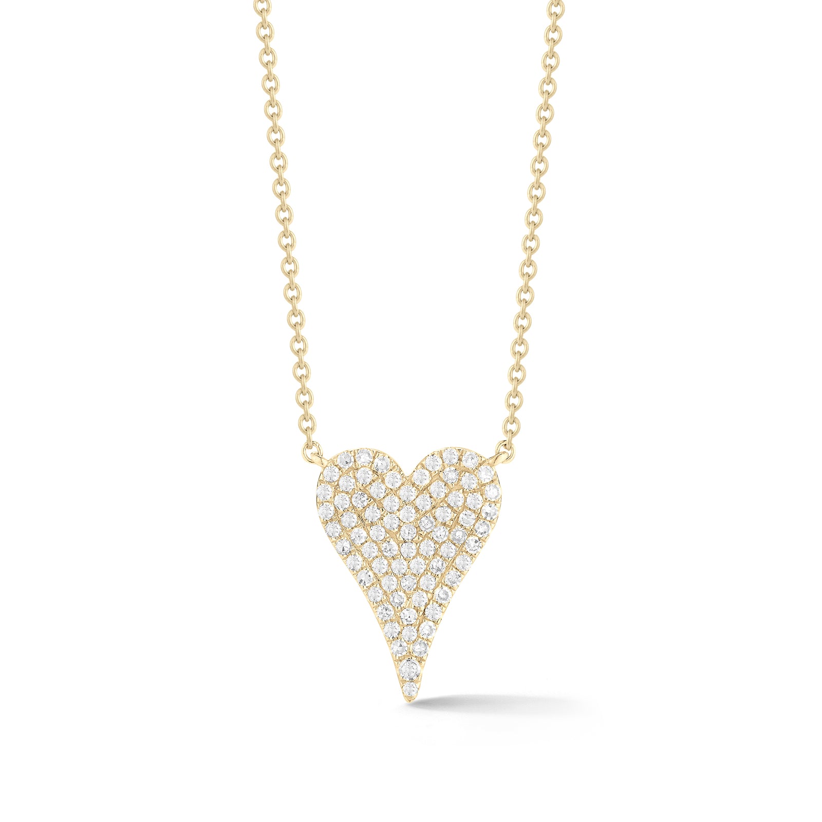 Diamond Small Elongated Heart Necklace  -14K yellow gold weighing 1.95 grams  -73 round pave set diamonds totaling 0.21 carats.