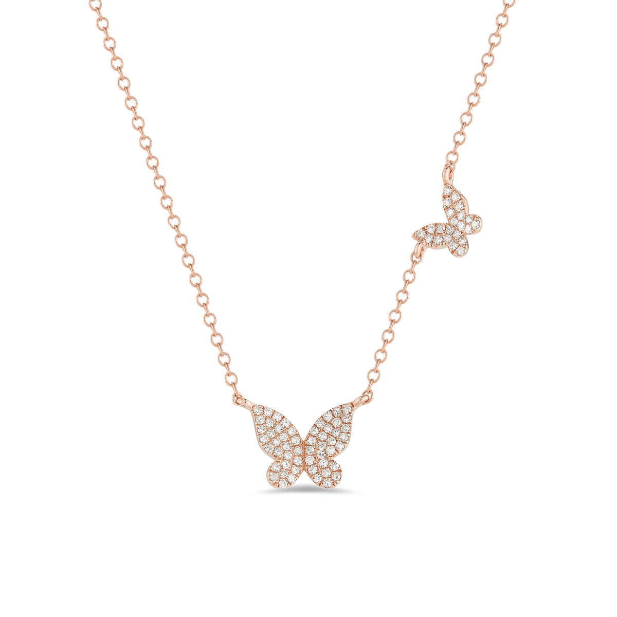 Diamond Butterflies Necklace - 14K rose gold weighing 1.90 grams -76 round pave-set diamonds totaling 0.18 carats. Size large butterfly width 9 millimeters, length 8 millimeters, small butterfly width 6 millimeters, length 5 millimeters.