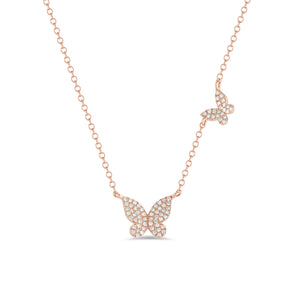 Diamond Butterflies Necklace - 14K rose gold weighing 1.90 grams -76 round pave-set diamonds totaling 0.18 carats. Size large butterfly width 9 millimeters, length 8 millimeters, small butterfly width 6 millimeters, length 5 millimeters.
