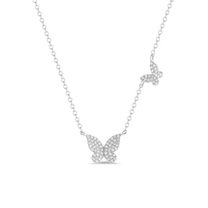 Diamond Butterflies Necklace - 14K white gold weighing 1.90 grams -76 round pave-set diamonds totaling 0.18 carats. Size large butterfly width 9 millimeters, length 8 millimeters, small butterfly width 6 millimeters, length 5 millimeters.