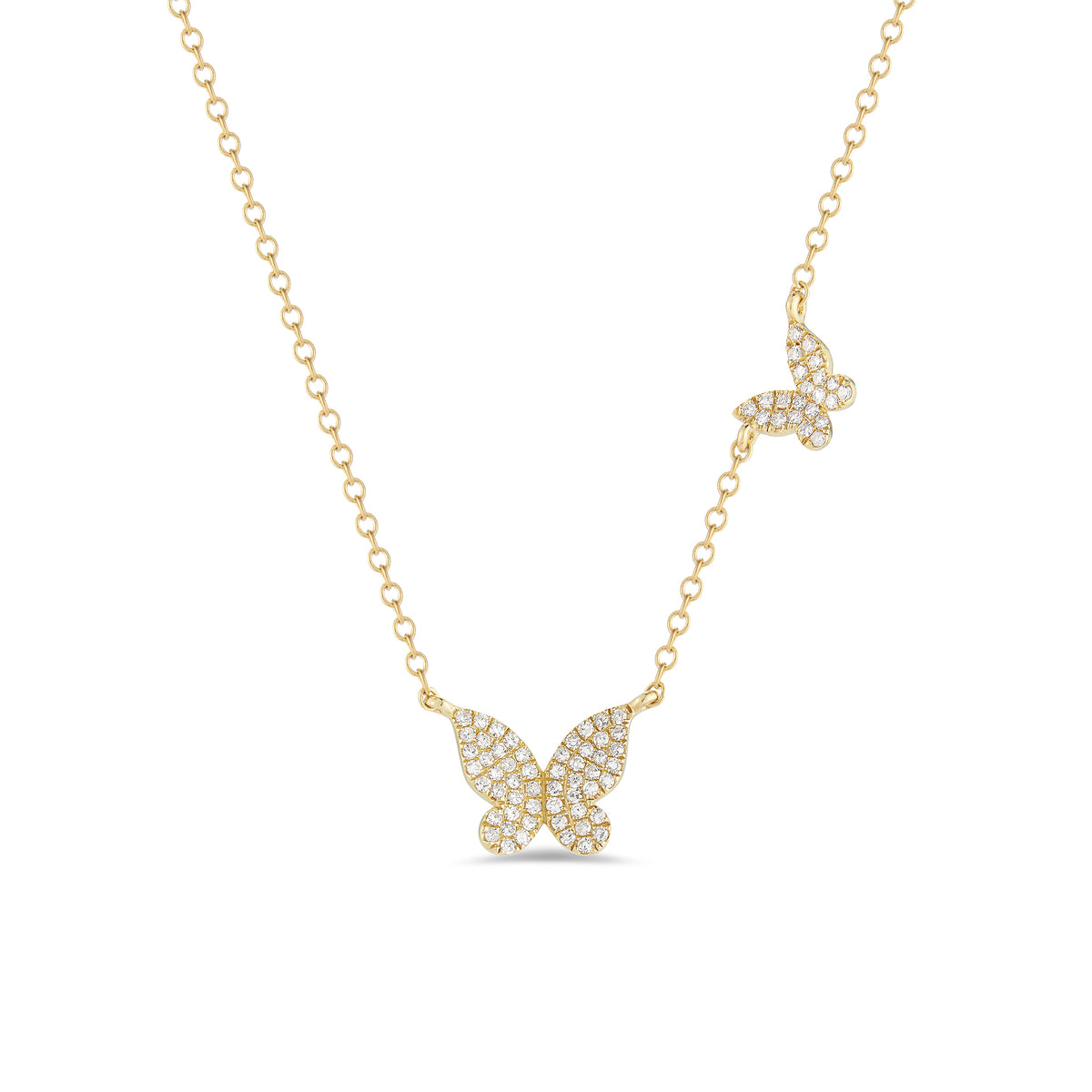 Diamond Butterflies Necklace - 14K yellow gold weighing 1.90 grams -76 round pave-set diamonds totaling 0.18 carats. Size large butterfly width 9 millimeters, length 8 millimeters, small butterfly width 6 millimeters, length 5 millimeters.