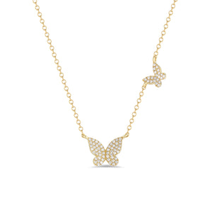 Diamond Butterflies Necklace - 14K yellow gold weighing 1.90 grams -76 round pave-set diamonds totaling 0.18 carats. Size large butterfly width 9 millimeters, length 8 millimeters, small butterfly width 6 millimeters, length 5 millimeters.
