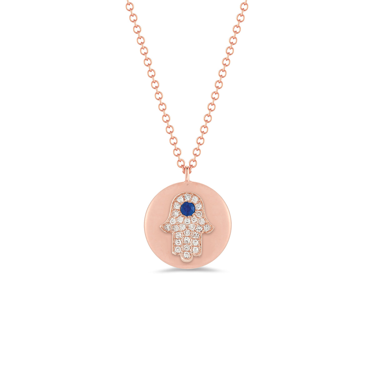 Diamond & Sapphire Hamsa Disc Pendant Necklace -14K rose gold weighing 3.2 grams -Round pave set diamonds totaling .08 carats -0.04 ct sapphire