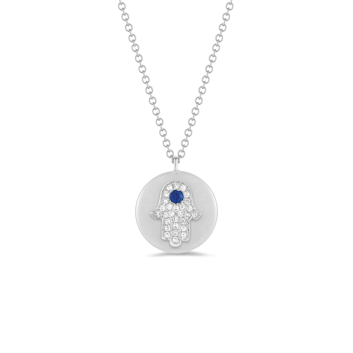 Diamond & Sapphire Hamsa Disc Pendant Necklace -14K white gold weighing 3.2 grams -Round pave set diamonds totaling .08 carats -0.04 ct sapphire