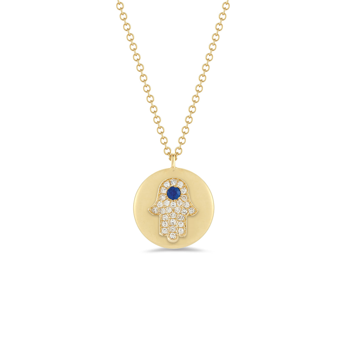 Diamond & Sapphire Hamsa Disc Pendant Necklace -14K yellow gold weighing 3.2 grams -Round pave set diamonds totaling .08 carats -0.04 ct sapphire