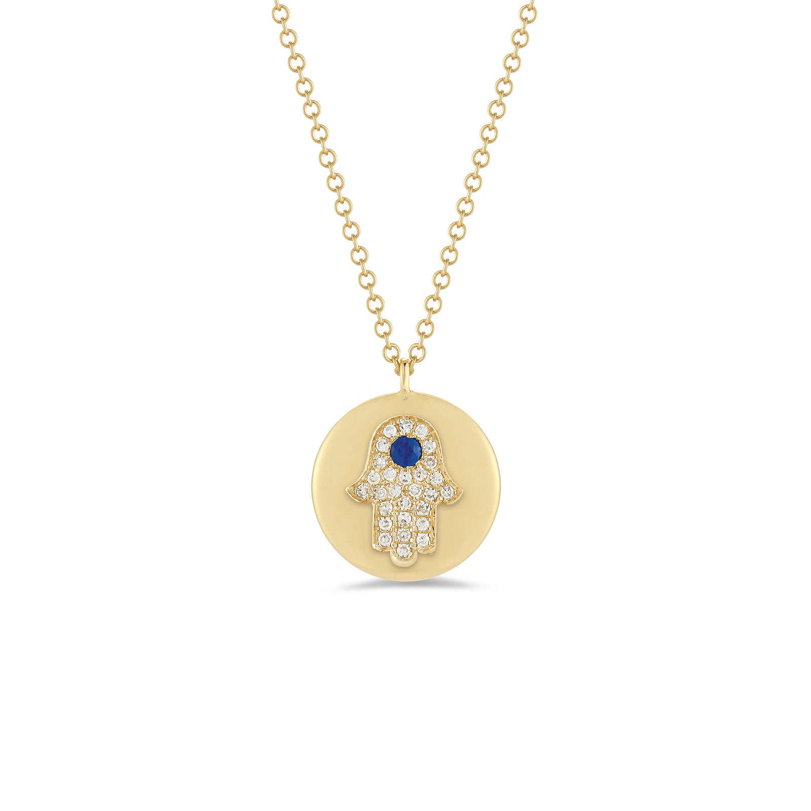 Diamond & Sapphire Hamsa Disc Pendant Necklace -14K yellow gold weighing 3.2 grams -Round pave set diamonds totaling .08 carats -0.04 ct sapphire