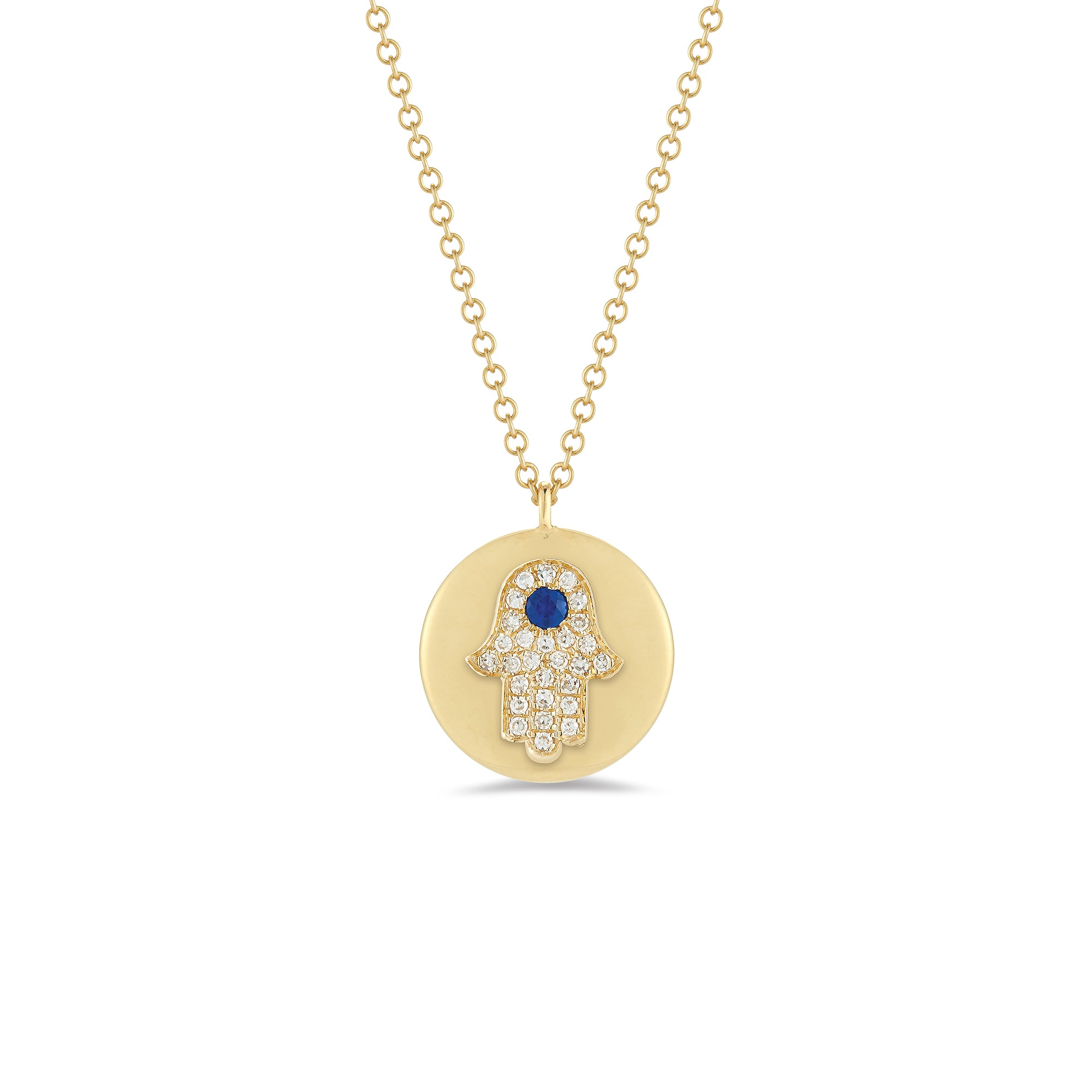 Diamond & Sapphire Hamsa Disc Pendant Necklace -14K yellow gold weighing 3.2 grams -Round pave set diamonds totaling .08 carats -0.04 ct sapphire