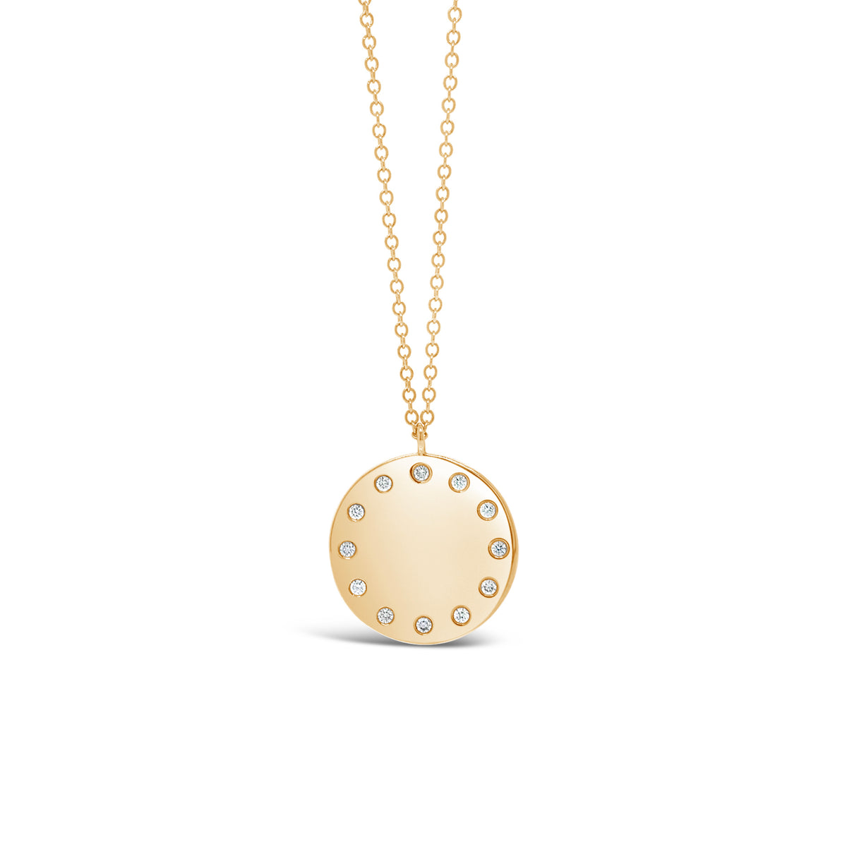 Diamond Dotted Disc Pendant Necklace  -14K gold weighing 3.60 grams  -12 round diamonds weighing .09 carats