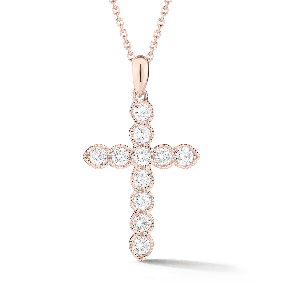 Bezel-Set Diamond Cross Pendant with Antique Milgrain  The perfect gift for a christening, communion, confirmation, birthday, or holiday.  -14K gold weighing 3.80 grams  -11 round bezel-set brilliant diamonds k 0.62 carats
