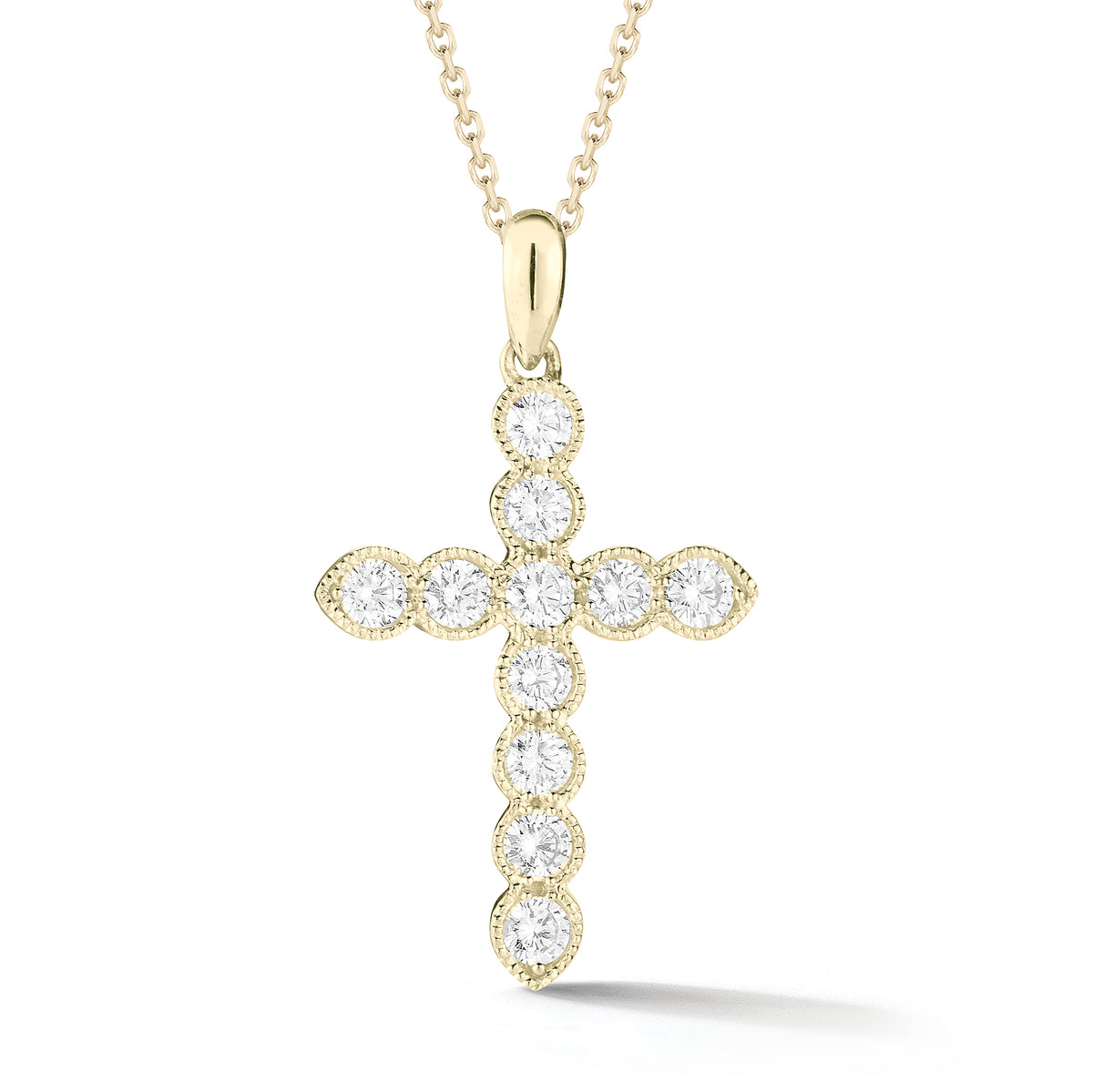 Bezel-Set Diamond Cross Pendant with Antique Milgrain  The perfect gift for a christening, communion, confirmation, birthday, or holiday.  -14K gold weighing 3.80 grams  -11 round bezel-set brilliant diamonds k 0.62 carats