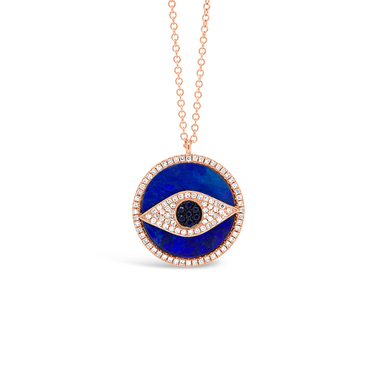 Opal & Diamond Evil Eye Pendant Necklace  -14K gold weighing 3.26 grams  -100 round diamonds totaling 0.23 carats  -7 sapphires weighing .07 carats  -1 opal weighing 3.21 grams