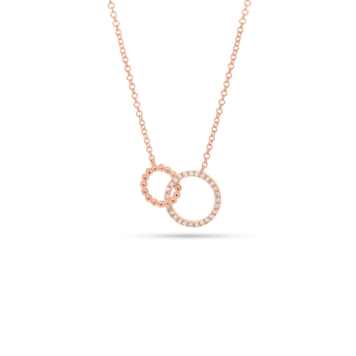 Diamond Interlocking Circle Necklace  -14K gold weighing 1.83 grams  -27 round diamonds totaling .08 carats