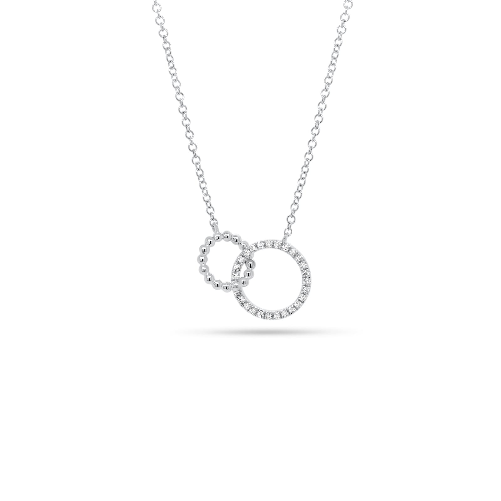 Diamond Interlocking Circle Necklace  -14K gold weighing 1.83 grams  -27 round diamonds totaling .08 carats