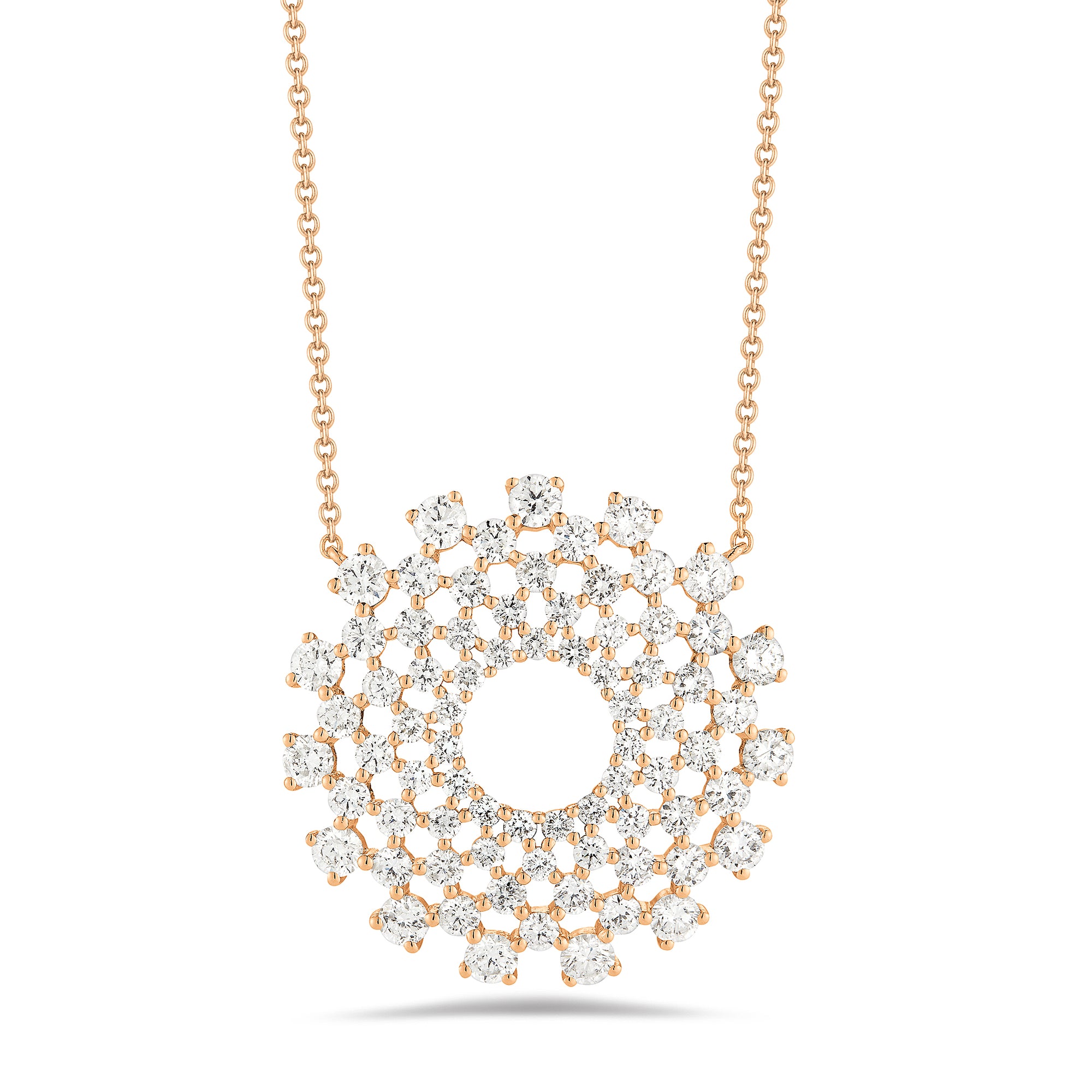  Diamond Intricate Sunburst Necklace  -14k gold weighing 1.92 grams     -75 round prong-set diamonds totaling 2.11 carats, F-G color S12 clarity.