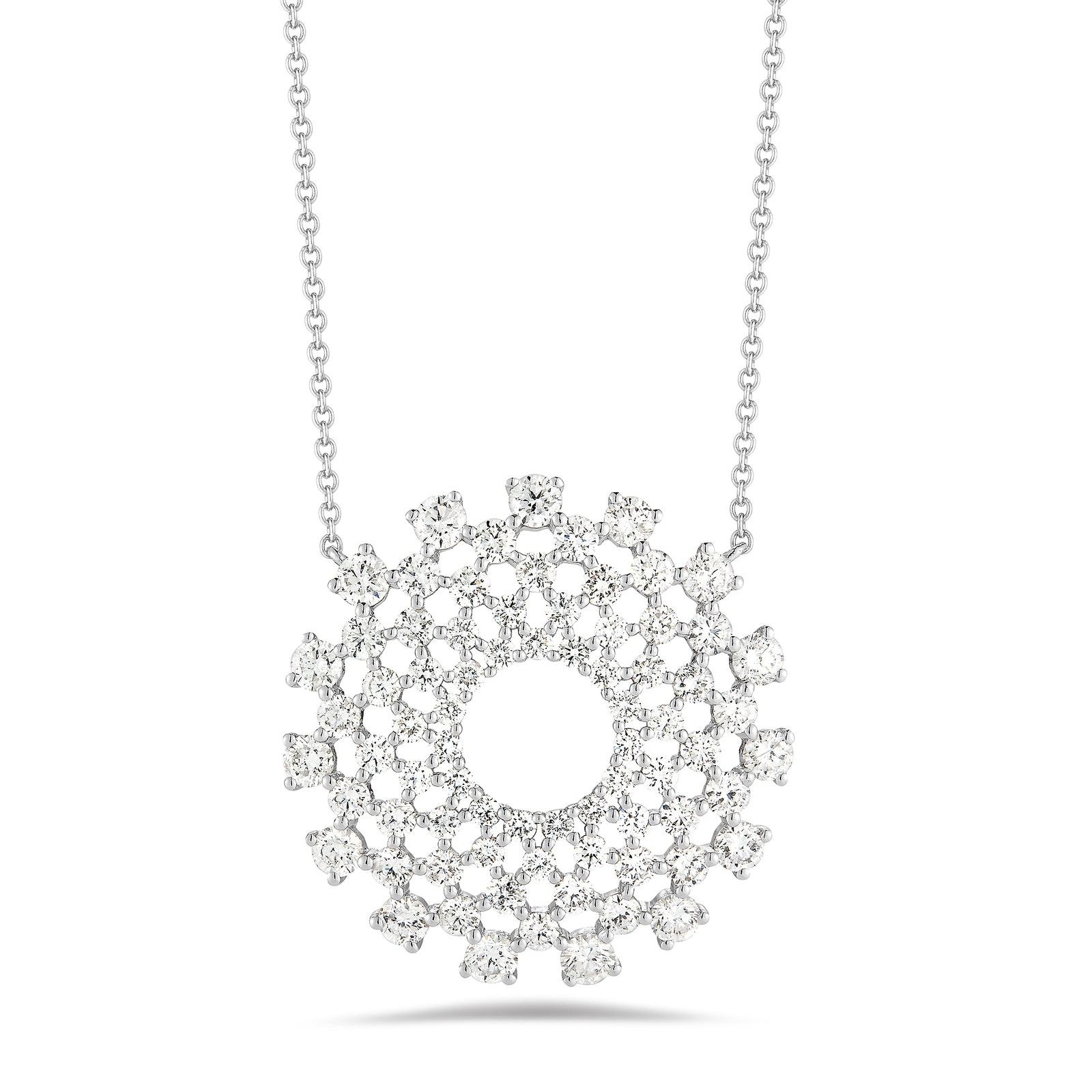  Diamond Intricate Sunburst Necklace  -14k gold weighing 1.92 grams     -75 round prong-set diamonds totaling 2.11 carats, F-G color S12 clarity.