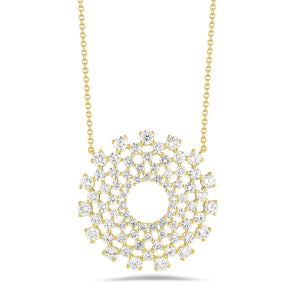  Diamond Intricate Sunburst Necklace  -14k gold weighing 1.92 grams     -75 round prong-set diamonds totaling 2.11 carats, F-G color S12 clarity.