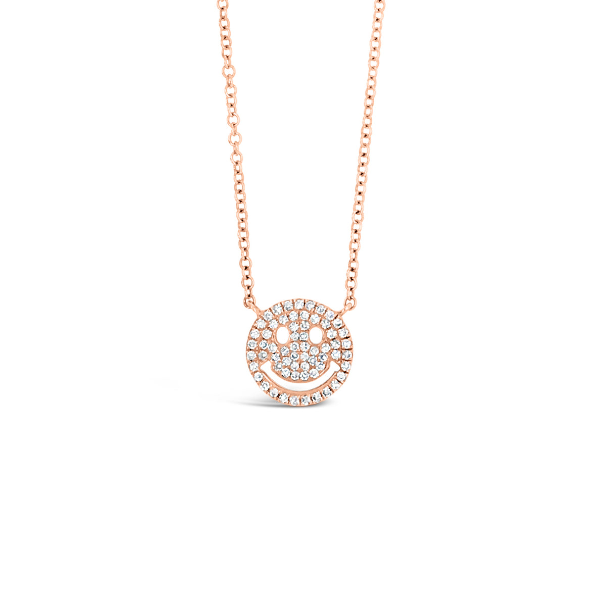 Solid 14k rose gold weighing 1.87 grams with 63 round diamonds weighing .14 carats Small Smiley Face Pendant Necklace | Nuha Jewelers