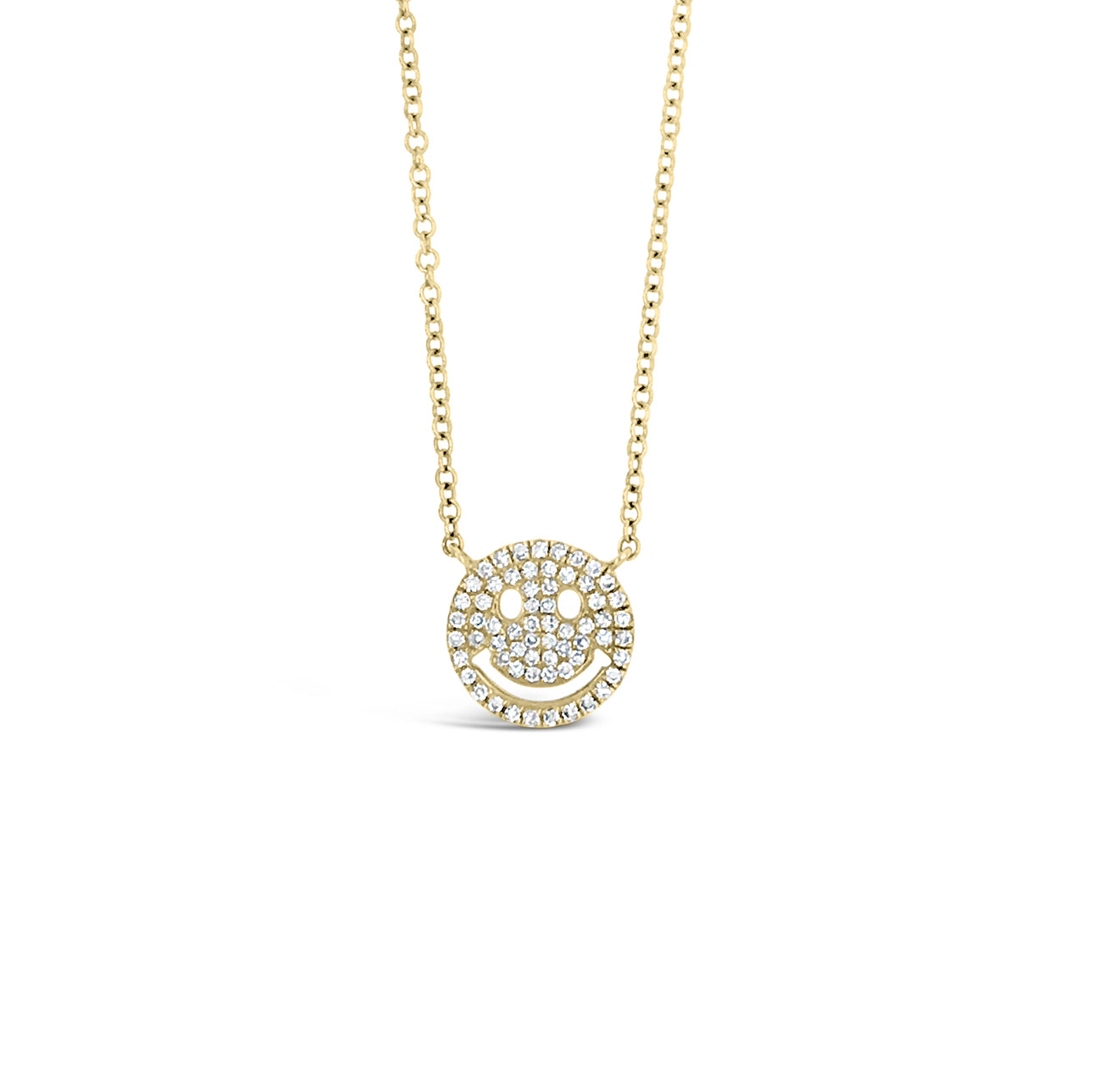 Solid 14k yellow gold weighing 1.87 grams with 63 round diamonds weighing .14 carats Small Smiley Face Pendant Necklace | Nuha Jewelers